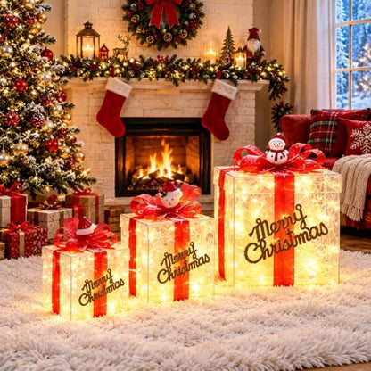 Set of 3 Christmas Lighted Gift Boxes, Pre-lit 60 LED Light Up Present