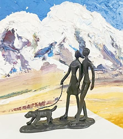 Couple and Dog Cast Iron Sculpture, Romantic Couple Love Metal Art