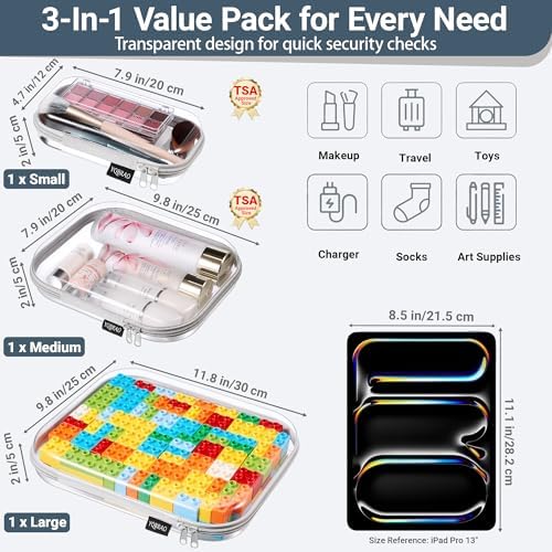 YQBRAO 3-Piece Clear Hard Shell Zipper Case Set, 1L 1M 1S, Gray