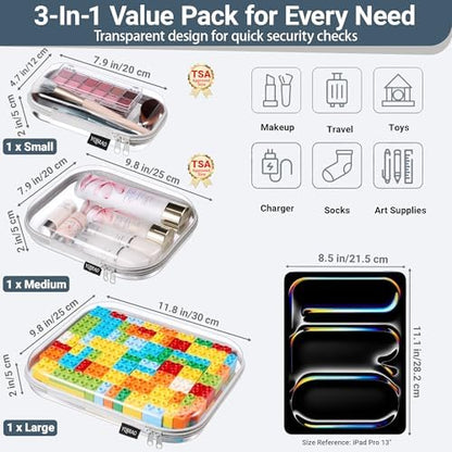 YQBRAO 3-Piece Clear Hard Shell Zipper Case Set, 1L 1M 1S, Gray