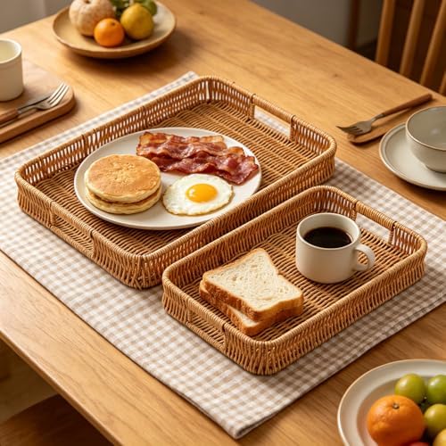 2pcs Woven Baskets Serving Trays with Handles, Rectangular Decorative
