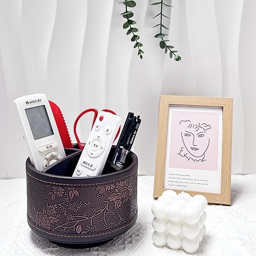 PU Leather Round TV Remote Control Holder for Table,360° Swivel Office