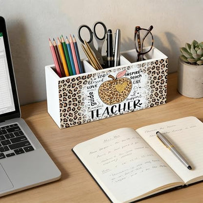 Leopard Print Teacher Wooden Pen Holder for Desk, Teacher Appreciation