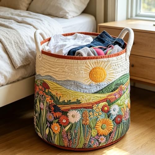 Quilted Sun Mountain Wildflower Round Fabric Storage Bin(22×16in)