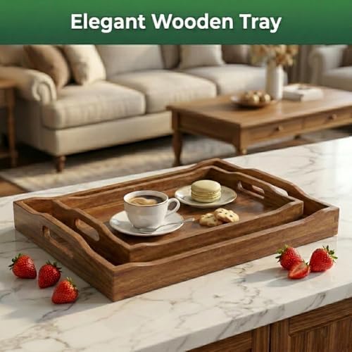 Acacia Wood Serving Tray Set of 2 with Handles for Ottoman Coffee