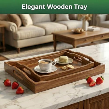 Acacia Wood Serving Tray Set of 2 with Handles for Ottoman Coffee
