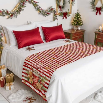 Merry Christmas Bed Runner Scarf Twin Size, Xmas Cocoa Mug Gingerbread