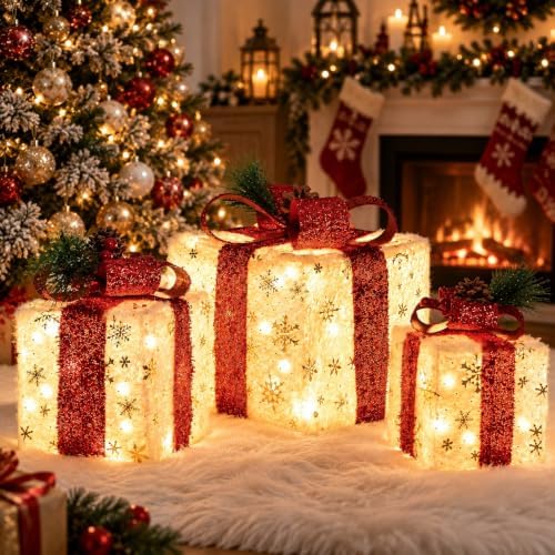 Set of 3 Lighted Boxes, Gold Snowflake
