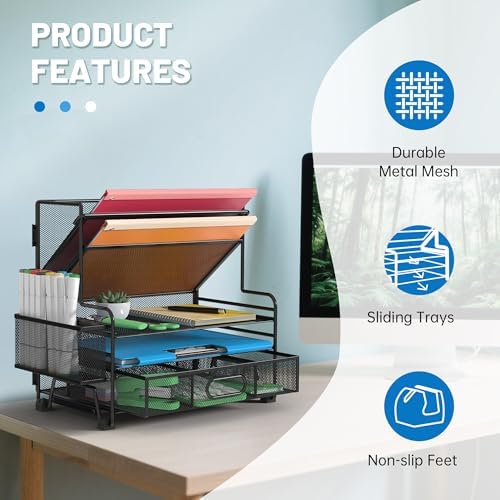 5 Tier Desk Organizer with Drawer & Pen Holders, Desk File Organizer