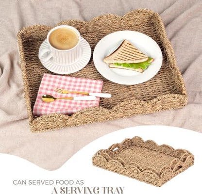 Scalloped Seagrass Tray, Hand-Woven Wicker Storage Baskets with