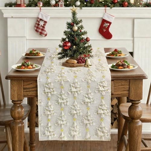 Christmas Table Runner Christmas Trees Beige Soft Plush Faux Fur 13x72