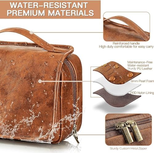 Elviros Hanging Toiletry Bag for Men PU Leather Shaving Dopp Kit