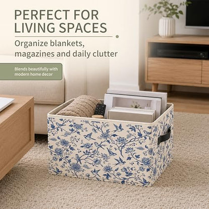 Chinoiserie Floral Bird Storage Bins with Handles, Blue and White