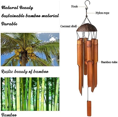 38" Bamboo Wind Chimes, 6 Pipes Handcrafted Wooden Outdoor Decor