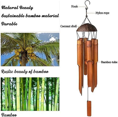 38" Bamboo Wind Chimes, 6 Pipes Handcrafted Wooden Outdoor Decor