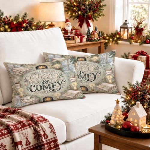 Cozy Comfortable Fireplace Quote Throw Pillow Covers 12x20 Set of 2