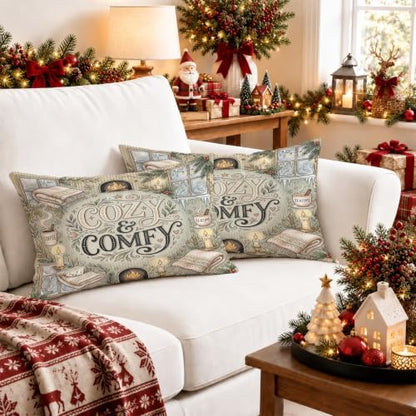 Cozy Comfortable Fireplace Quote Throw Pillow Covers 12x20 Set of 2