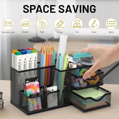 Mesh Desk Organizer with 2 Drawers and 5 Compartments, Pen Holder for