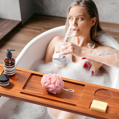 39 Inch Teak Bathtub Tray for Freestanding Tubs, Luxury Bath Caddy