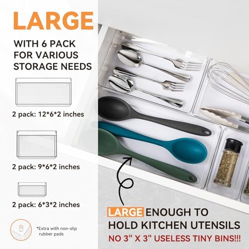 6 Pack Large Clear Plastic Drawer Organizer Trays, Acrylic Kitchen