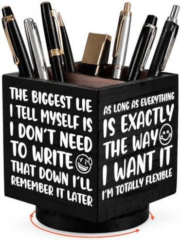 Outus Wooden Rotating Pen Holder Funny Quote Desk Organizer,Black