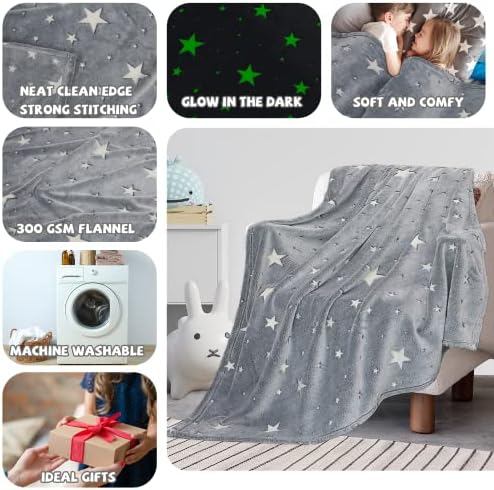 REXEO Glow in The Dark Star Space Blanket for Kids, Grey Cute Galaxy