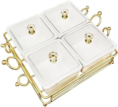 YA JU Ceramic Bowls and with Lid Gold Basket Trays, 4 Removable Small