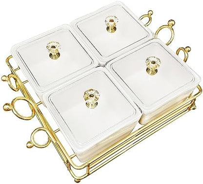 YA JU Ceramic Bowls and with Lid Gold Basket Trays, 4 Removable Small