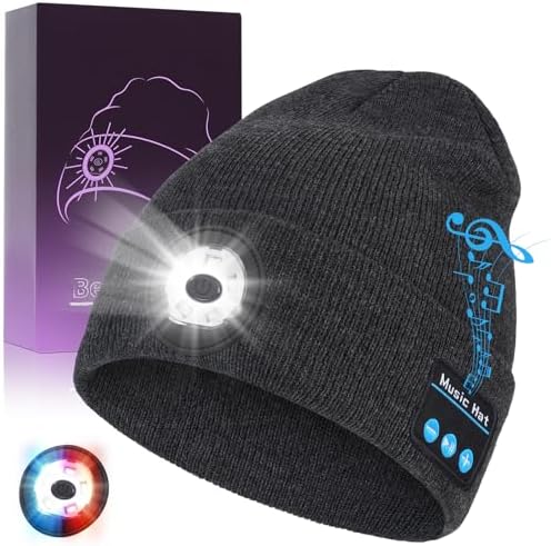 Bluetooth Beanie with Light, USB-C Charging 5 LED Flashlight Hat