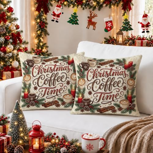 Christmas Coffee Time Quote Mug Throw Pillow Covers 12x12 Set of 2