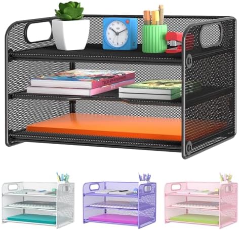 Samstar 3 Tier Letter Tray Paper Organizer with Handle, Mesh Desk