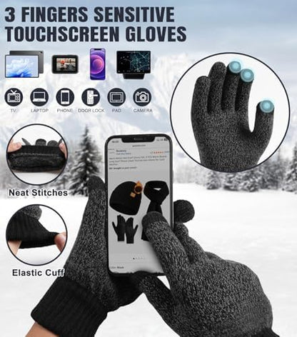 floconssy Men's Winter Hat Scarf Gloves Set of 3, Knit Thermal Combo