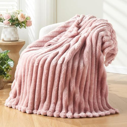 NEWCOSPLAY Fleece Ribbed Cozy Throw Blanket for Couch, Pink, 50"x60"