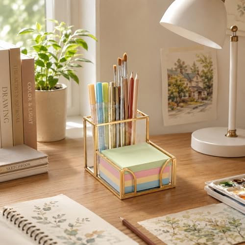 Feyarl Gold Glass Note Holder with Pen Pencil Cup 3x3 Inch Sticky