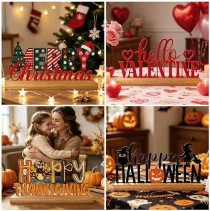 Interchangeable Seasonal Decor Metal Table Sign Set with Wooden Base