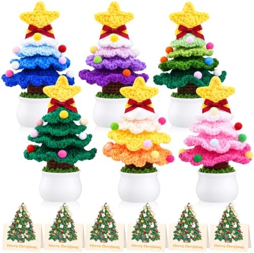 Soaoo 6 Sets Crochet Christmas Tree Gifts with Merry Christmas Cards