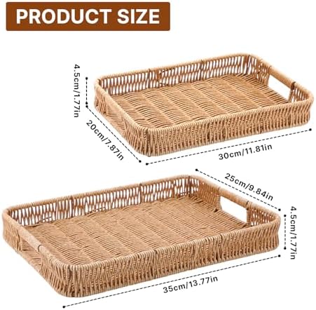 2pcs Woven Baskets Serving Trays with Handles, Rectangular Decorative