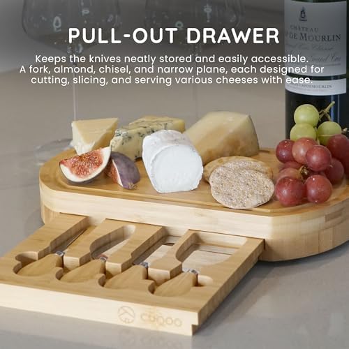 CUQOO Oak Wooden Cheese Board Set with 4 Knives Slide Out Drawer