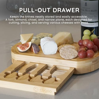 CUQOO Oak Wooden Cheese Board Set with 4 Knives Slide Out Drawer