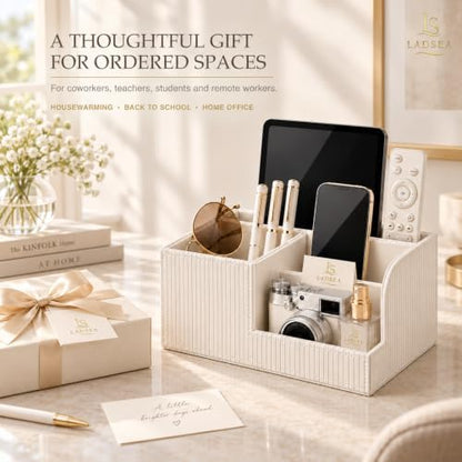 Pen Holder for Desk, 4-Compartment PU Leather Desk Organizer, Cream