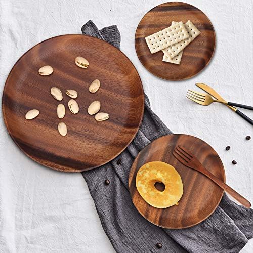 12 Inch Acacia Wood Food Dinner Plates Set of 2 Round Wooden Serving