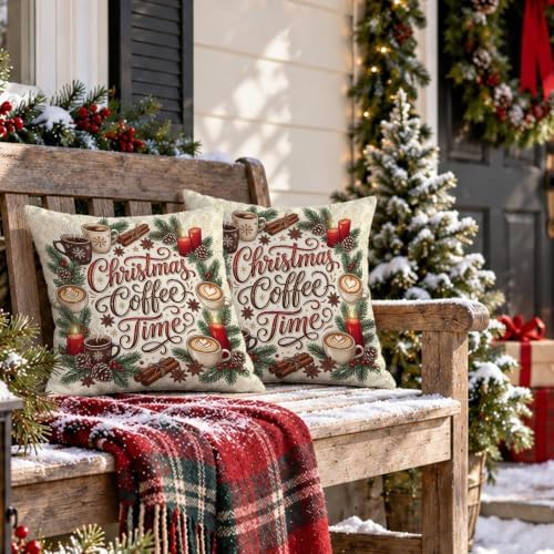 Christmas Coffee Time Quote Mug Throw Pillow Covers 12x12 Set of 2