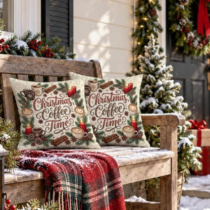 Christmas Coffee Time Quote Mug Throw Pillow Covers 12x12 Set of 2