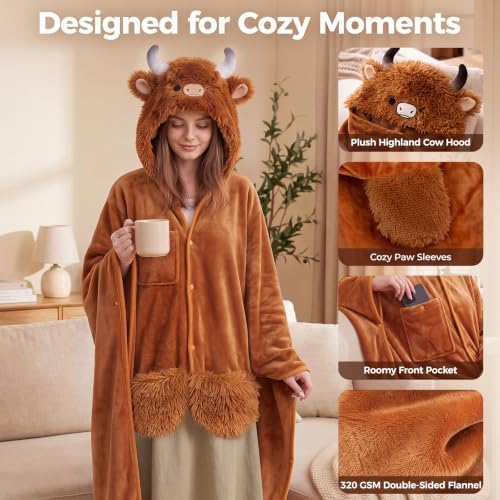 Mewaii Highland Cow Gifts Wearable Blanket Hoodie Soft Highland Cow