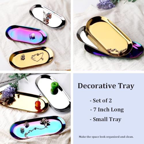 Stainless Steel Decorative Tray, Set of 2, 7 Inch Long, Jewelry Dish