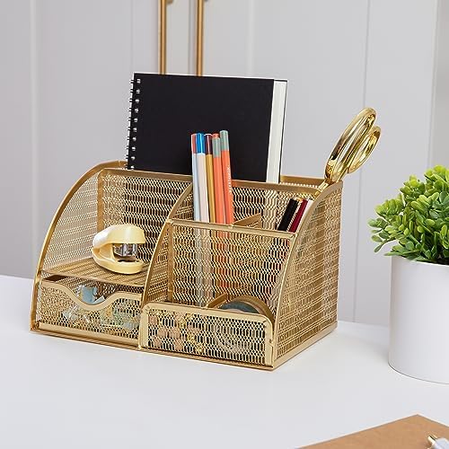 Martha Stewart Ryder Mesh Metal Desktop Organizer with Drawer, Gold