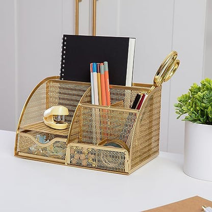 Martha Stewart Ryder Mesh Metal Desktop Organizer with Drawer, Gold
