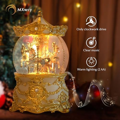 Carousel Music Box Gold & Ivory Christmas Snow Globes, 8.3" Rotate