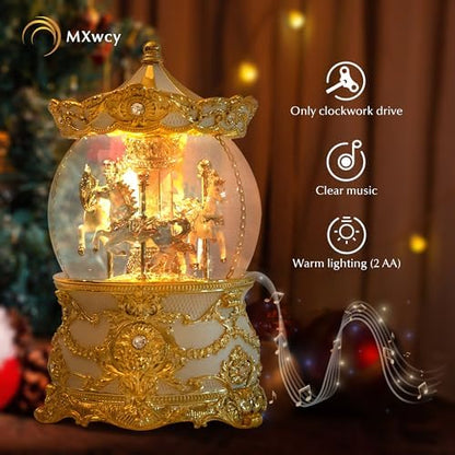 Carousel Music Box Gold & Ivory Christmas Snow Globes, 8.3" Rotate