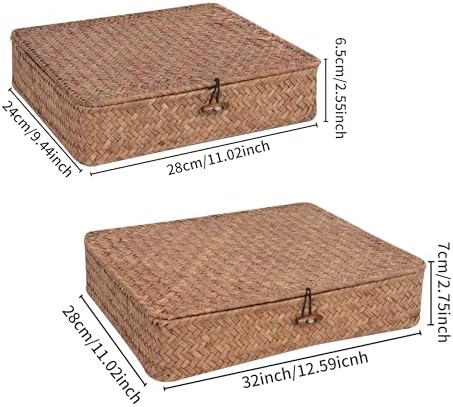 Moosky Flat Wicker Shelf Baskets with Lid, Handwoven Seagrass Basket
